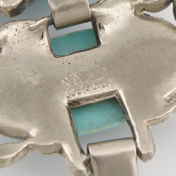 Vintage Karu Arke Faux Turquoise Panel Bracelet Silver Tone Mid-Century Bohemian - Picture 7 of 7